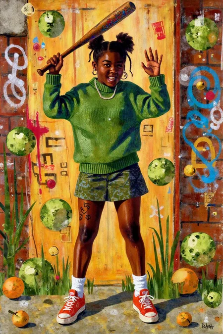 mixed media collage.  
full body, liquid splash, cartoonish juicy fruits chaos, dynamic pose, dynamic camera, a fashion shoot, an illustration of a young woman threateningly holding a baseball bat in her hands, full body tattoo, wearing green short sweater, miniskirt, knee socks, orange sneakers, aggressive facial expression, wall with graffiti in the background,  <lora:ekho_collage_nocap_d6a3e12:1.0><lora:824702955988179093:0>