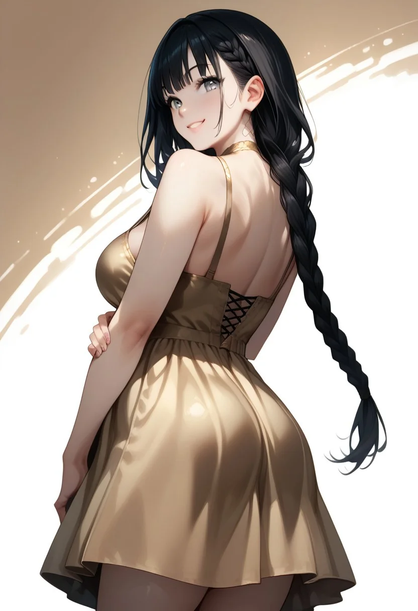 score_9, score_8_up, score_7_up, score_6_up, rating_questionable, 1girl, Sammy, SammyRH, cute face, long braided hair, black hair, grey eyes, detailed eyes, large breasts, chubby, pale skin, HD32k, dynamic pose, aesthetic, perspective, solo, detailed, sensual look, shy face, smiling, back view, from behind shot, pentagram dress, golden dress, abstract background