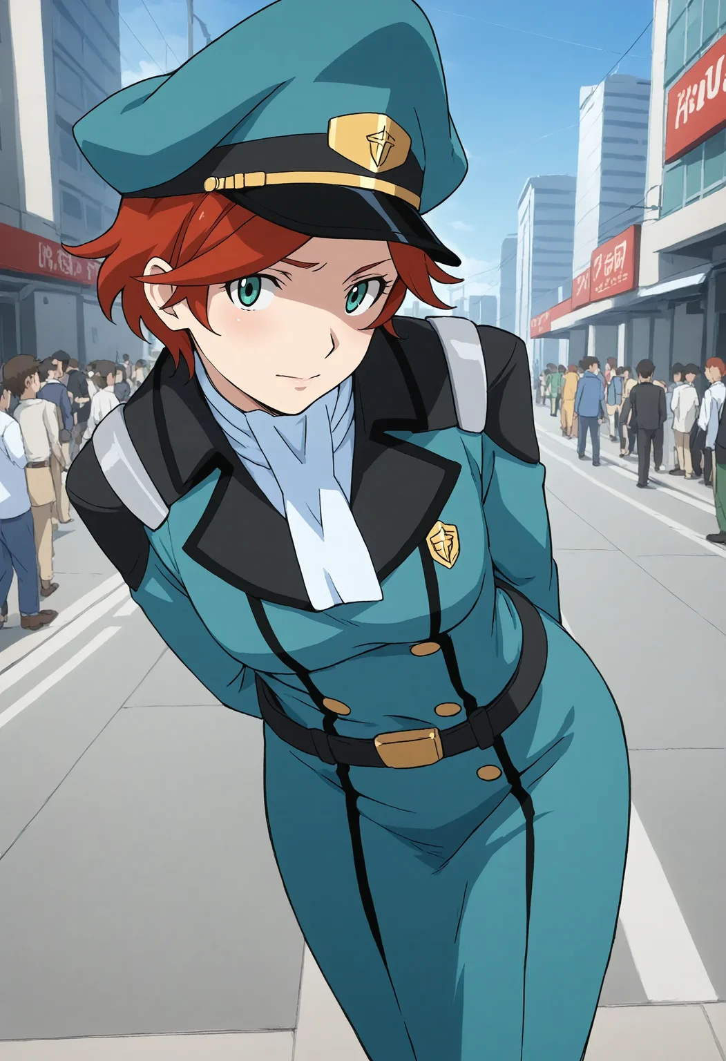 <lora:Hyper-SDXL-8steps-lora:1> <lora:Fixhands_anime_bdsqlsz_V1:1> zPDXL2, score_9, score_8_up, score_7_up, source_anime, intricate details, perfect anatomy BREAK
outdoors, city, tokyo, japan, audience, crowd, standing, hand on own chin, looking at viewer, leaning forward, arm behind back,index finger raised, Pensive, Eyes focused inward, brow furrowed, and lips pursed., 1girl, solo, solo focus,
<lora:GAGE-natora_einus_XL(pony)v10:1> GAGE-natora, red hair, short hair, green eyes, green dress, white ascot, white gloves, belt, green pencil skirt, green pants, white boots, green peaked cap,