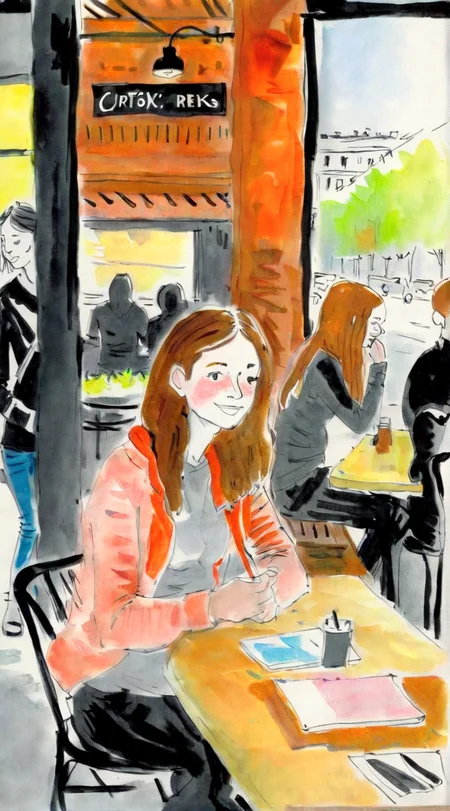 drawix2 girl in a cafe in the background people colorful<lora:drawix2:1>