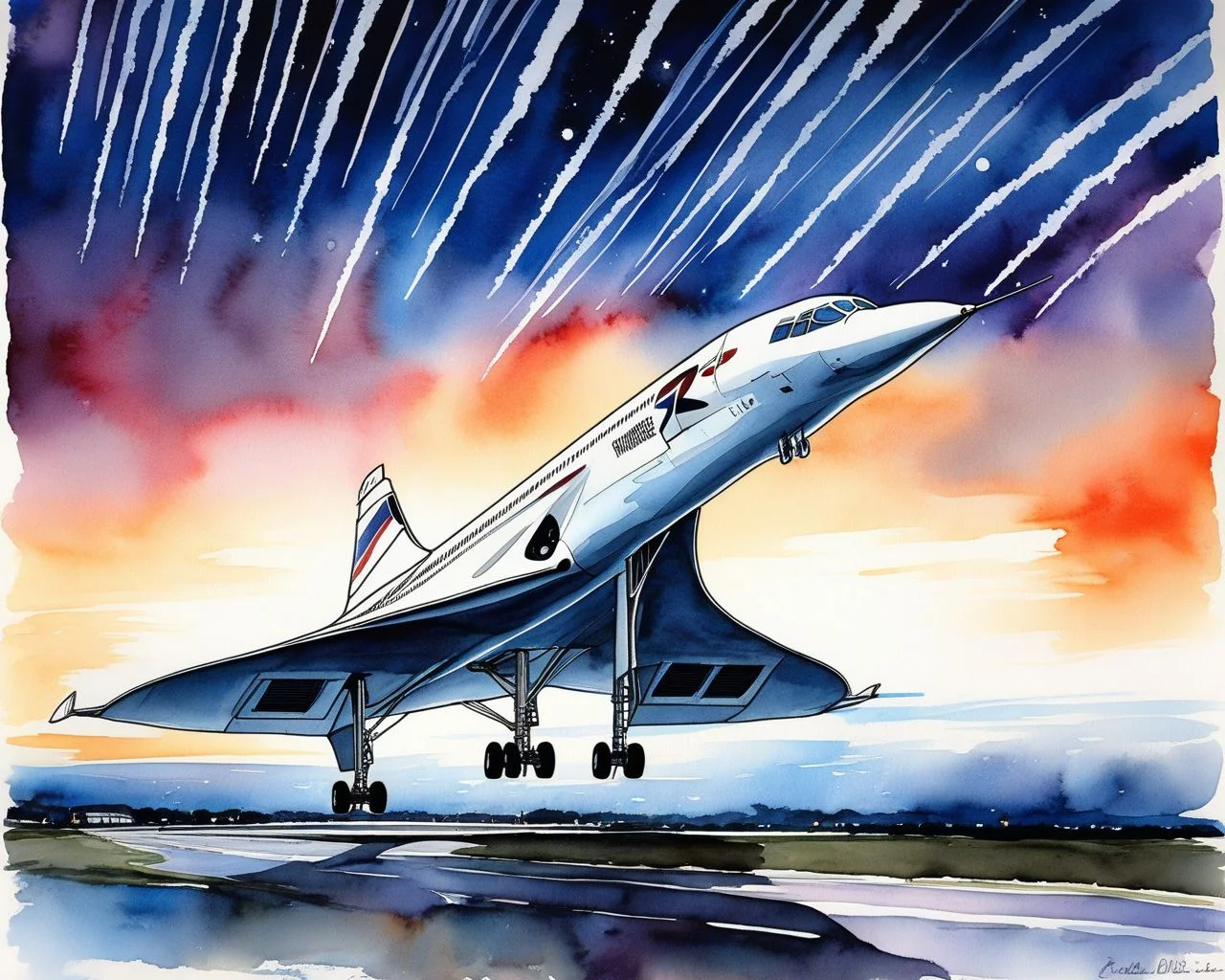 Concorde, supersonic dream, watercolor night sky, star trails, silhouette, jet, masterpiece, best quality, amazing quality <lora:Mini list aircraft sdxl V1:1>