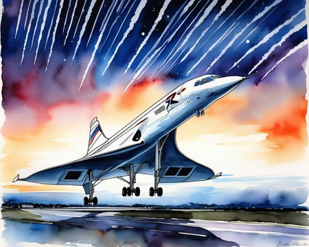 Concorde, supersonic dream, watercolor night sky, star trails, silhouette, jet, masterpiece, best quality, amazing quality <lora:Mini list aircraft sdxl V1:1>