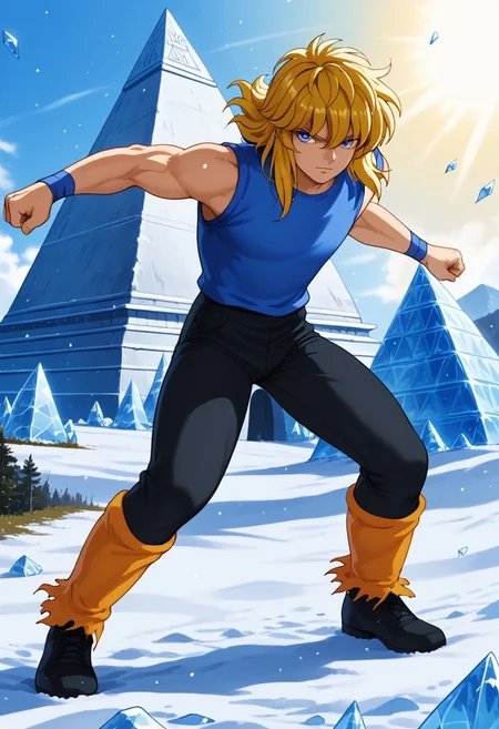 score_9, score_8,cygnhyoplain, 1boy, blue eyes, slender figure, toned male, wavy blonde hair, blue sleeveless shirt, blue wristbands, black pants, orange leg wraps, black shoes, (highly detailed:1.2), (intricate:1.2), (best quality:1.2),(8k:1.2), (sharp:1.2), (majestic:1.2), natural lighting, detail++, ice pyramid background, ice pyramid, snow field, looking at viewer, action pose