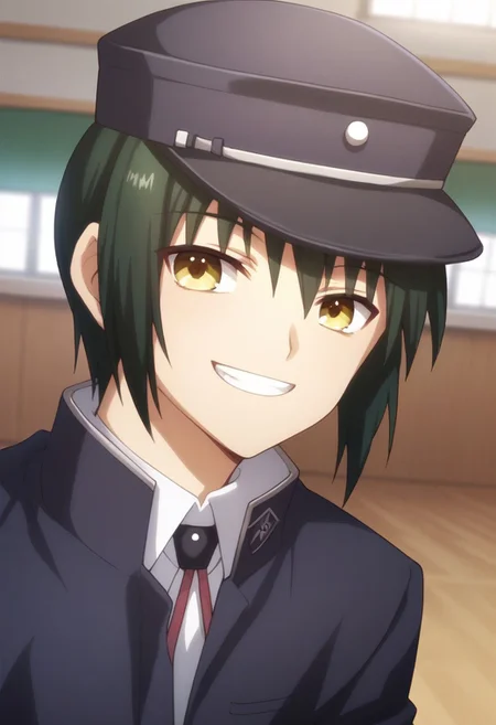 score_9, score_8_up, score_7_up, source_anime, highly detailed,
ayato, 1boy, male focus, hat, green hair, solo, school uniform, yellow eyes, gakuran, smile,
indoor, classroom, smile, grin,