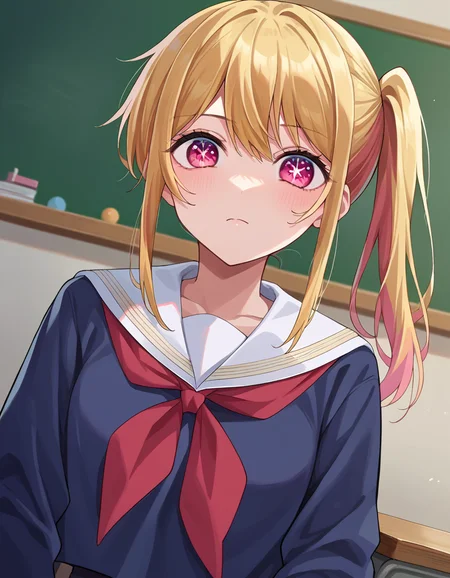 score_9, score_8_up, score_7_up, source_anime,
rubyhoshino, <lora:ruby-hoshino-ponyxl-lora-nochekaiser:1>,
ruby hoshino, long hair, bangs, blonde hair, pink eyes, sidelocks, symbol-shaped pupils, multicolored hair, two-tone hair,
side ponytail, long sleeves, school uniform, serafuku, sailor collar, neckerchief, cardigan, red neckerchief, white sailor collar,
indoors, classroom,
looking at viewer, cowboy shot, dutch angle,