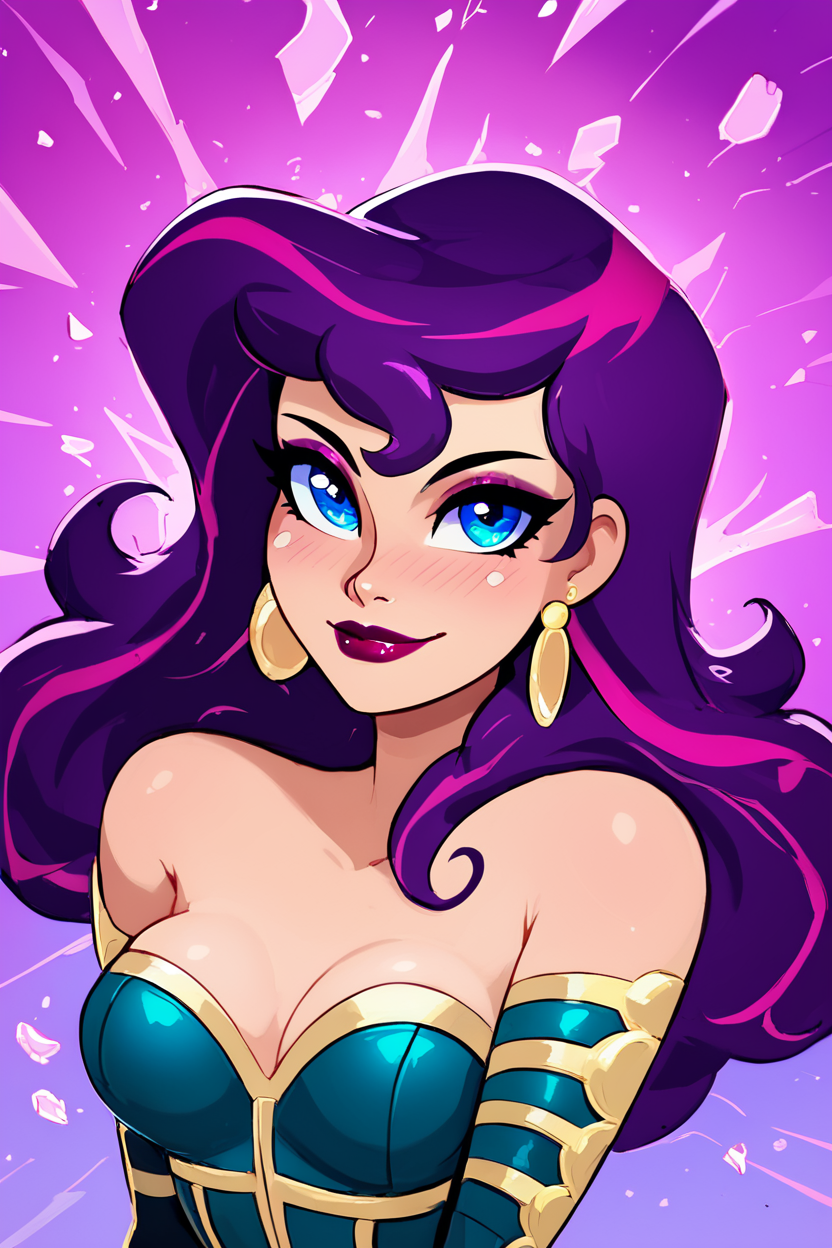 score_9, score_8_up, score_8, medium breasts, (curvy), cute, eyelashes,       BREAK, , ,,,    zzCirce, blue eyes, purple hair, long hair, bare shoulders, jewelry, earrings, makeup, lipstick, cleavage,  ,<lora:Circe_JLU_PDXL:1.0>,   ,,, , BREAK, smile, closed mouth, looking at viewer, cowboy shot, ,,, embedding:zPDXL, Expressiveh, ,,, <lora:Konpeto_PDXL_v3:1.0>, <lora:SDXLFaeTastic2400:0.5>, <lora:Expressive_H-000001:0.4>,