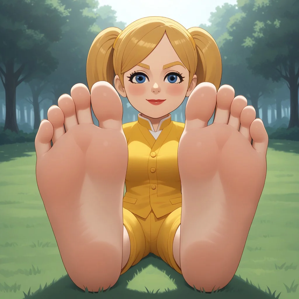 score_9, score_8_up, BREAK, (masterpiece:1.4), (best quality:1.2), solo, perfect anatomy, accurate anatomy, perfect feet, perfect soles, PONYXL_WaifuFeetPics_ownwaifu, wii, mii, wii sports, 1girl, female mii, blue eyes, blush, blonde hair, blonde eyebrows, twintails, yellow clothing, white pants, nintendo mii, modern_mii, classic_mii, pavika_\(\\oc_mii\\\), breasts, lips, sexy pose, self portrait, smile, outdoors, sunlight, shadows, evening lighting, natural lighting, forest, trees, grass, orange sky, sunset, (((sitting, barefoot, foot focus, feet, soles))), adult female, mature female