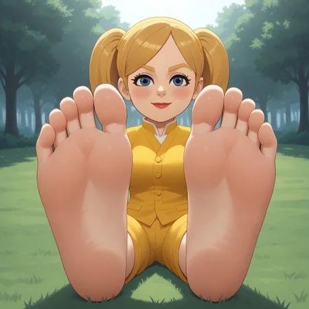 score_9, score_8_up, BREAK, (masterpiece:1.4), (best quality:1.2), solo, perfect anatomy, accurate anatomy, perfect feet, perfect soles, PONYXL_WaifuFeetPics_ownwaifu, wii, mii, wii sports, 1girl, female mii, blue eyes, blush, blonde hair, blonde eyebrows, twintails, yellow clothing, white pants, nintendo mii, modern_mii, classic_mii, pavika_\(\\oc_mii\\\), breasts, lips, sexy pose, self portrait, smile, outdoors, sunlight, shadows, evening lighting, natural lighting, forest, trees, grass, orange sky, sunset, (((sitting, barefoot, foot focus, feet, soles))), adult female, mature female