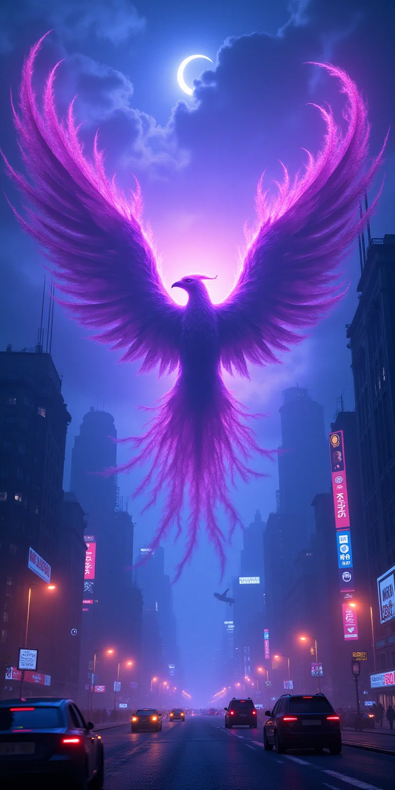 (cinematic keyframe:1.5), a thrilling movie poster, depicting a majestic purple phoenix in mid-flight, surrounded by swirling AI-coded clouds, with hints of electric blue and neon pink undertones, set against a dystopian futuristic cyberpunk cityscape at night. Neon-lit skyscrapers, holographic advertisements, and bustling streets filled with flying cars and pedestrians create a dense, atmospheric backdrop. The composition exudes a cinematic, film-noir feel, with shallow depth of field, bokeh, and vignette effects. Inspired by the conceptual works of Maciej Kuciara, Jama Jurabaev, and Wojtek Fus, this poster embodies a rich, cinematic color grading, reminiscent of Kodak Porta 400 and Cinestill 800 film stocks, captured through the lens of a Leica M10, with a filmic, high-contrast finish. (cinematic concept), (by maciej kuciara:1.2), (by jama jurabaev:1.2), (by wojtek fus), cinematic color grading, cinematic lighting, (shallow depth of field), vignette, bokeh, kodak porta 400, cinestill 800, leica m10, (filmic), cyberpunk, neon cityscape.
<lora:add-detail-xl:0.35> <lora:MJ52:0.18> <lora:ral-anmwrlds-sdxl:0.3> ral-anmwrlds <lora:ral-porcelain:0.4> ral-porcelain <lora:ral-cltc:0.1> ral-cltc <lora:ral-dissolve:0.25> ral-dissolve <lora:zavy-mthcl-sdxl:0.2> <lora:SDXLFaeTastic2400:0.2>  <lora:WildcardX-XL-Detail-Enhancer:0.5>