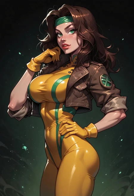 safe_pos, score_9, score_8_up, score_7_up, masterpiece, best quality, Flint_SR_Style
BREAK 
1girl, solo, up, RogueXMXL, green eyes, brown hair, two-tone hair, long hair, headband, large breasts, round breasts, cropped jacket, brown jacket, sfw, yellow gloves, yellow boots, yellow-green bodysuit, perfect anatomy
BREAK 
 side view, textured skin, green background, medium long shot 
BREAK
Posing sexy, hand on hip,