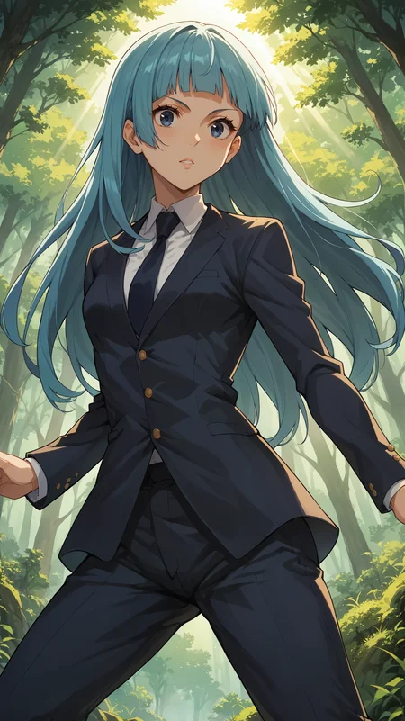 score_9,score_8_up,score_7_up,score_6_up, source_anime, zPDXL3, <lora:xl_more_art-full_v1:0.5>, girl, dynamic pose, knees apart feet together, <lora:Kasumi Miwa - Pony-000004:0.8>, long hair, aqua hair, blunt bangs, blue eyes, suit and tie, suit jacket, suit pants, forest clearing, light rays,