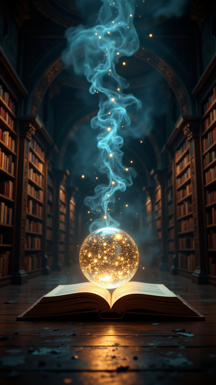 A library where each book is a glowing orb, and when opened, it projects the story into the air.   , aidmafluxpro1.1