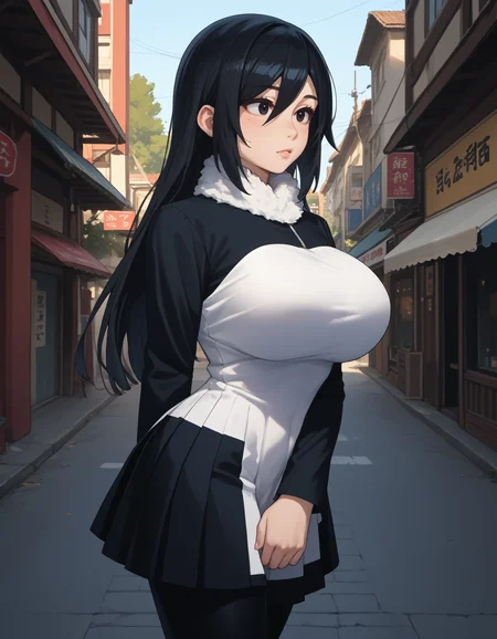 score_9, score_8_up, score_7_up,score_6_up  source_anime,kamyuk, black hair, black and white dress, long sleeves, black eyes, fur collar, pleated dress, black pantyhose, long hair,
1girl,huge breasts,wide hips,thick thighs,huge ass,from side
 <lora:kamishiro_yuuko-cybersleuth-PonyXL 2.5:1>