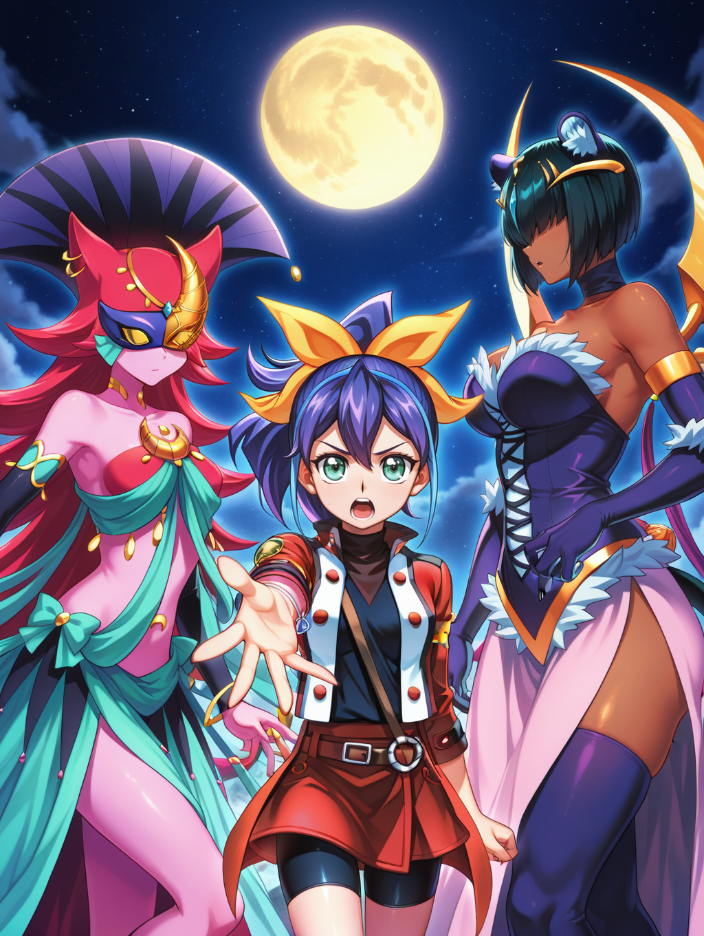 3girls,full moon,
BREAK lcat girl,black elbow gloves,black toeless legwear,dancer outfit,lunalight cat dancer,gold domino mask,purple jester cap,covered eyes,pink skin,from side,looking to the side,
BREAK serena \(yu-gi-oh!\),duel academy uniform \(yu-gi-oh! gx\),red jacket,red skirt,black shirt,black bike shorts,yellow hair ribbon,bracelet,open mouth, outstretched hand, 
BREAK lunalight panther dancer,dark-skinned female,purple thighhighs,purple dress,purple elbow gloves,gold hair ornament,panther girl,from side,looking to the side, hair over eyes, 
masterpiece,best quality,amazing quality,very aesthetic,absurdres,newest,<lora:Serena and Lunalight part A illuXL v1.2:0.8>,