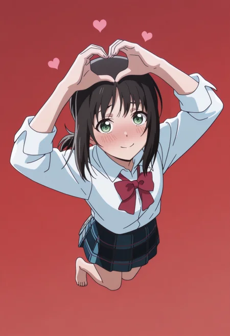 very awa, masterpiece, best quality, year 2024, newest, highres, absurdres,
red background, gradient background, very aesthetic, detailed background, full body,
1girl, solo,
<lora:Ayano-000008:1> hayano, sidelocks, short ponytail, low ponytail, black hair, green eyes, anime coloring, school uniform, white shirt, red bowtie, skirt, plaid skirt, detailed face, smile, looking at viewer, arms up,
<lora:anatomy_helper:1>, jumping, barefoot, from above, <lora:lora-add:0.5> toes, nailtoes, heart hands, heart \(symbol\), smile, (blush:2),