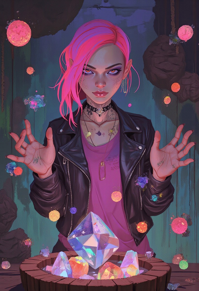 comic art by Mike Allred, 
style of Ted Nasmith, 
Princess Bubblegum, dressed in her punk-inspired attire with her iconic bubble-gum pink hair cascading in unruly waves around her, stands in a summoning circle surrounded by floating, glowing candy crystals. Her leather jacket is adorned with small, enchanted trinkets, her magenta robes beneath decorated with arcane symbols. Her intense, focused expression is highlighted by dark eyeliner and a smirk, her hands raised as she performs a complex alchemical spell, dark fantasy, adult, psychedelic dreamcore, high detail, atmosphere of occult power and candy magic, surreal light casting shadows across the enchanted lab, 
in the style of  dark magic and grotesque creatures abound, punk aesthetic, dark fantasy world combines grim landscapes with vibrant, exaggerated colorful art,  mysticism, unique immersive vibe, high-quality, 4k,
, the scene is captured in dimly lit dark fantasy but vibrant colors, occult, psychedelic dreamcore, dark fantasy
Caravaggio meets D&D charm  
, masterpiece,
art by torikun, SentinelBot, OBxiaoxiang