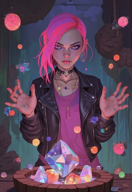 comic art by Mike Allred, 
style of Ted Nasmith, 
Princess Bubblegum, dressed in her punk-inspired attire with her iconic bubble-gum pink hair cascading in unruly waves around her, stands in a summoning circle surrounded by floating, glowing candy crystals. Her leather jacket is adorned with small, enchanted trinkets, her magenta robes beneath decorated with arcane symbols. Her intense, focused expression is highlighted by dark eyeliner and a smirk, her hands raised as she performs a complex alchemical spell, dark fantasy, adult, psychedelic dreamcore, high detail, atmosphere of occult power and candy magic, surreal light casting shadows across the enchanted lab, 
in the style of  dark magic and grotesque creatures abound, punk aesthetic, dark fantasy world combines grim landscapes with vibrant, exaggerated colorful art,  mysticism, unique immersive vibe, high-quality, 4k,
, the scene is captured in dimly lit dark fantasy but vibrant colors, occult, psychedelic dreamcore, dark fantasy
Caravaggio meets D&D charm  
, masterpiece,
art by torikun, SentinelBot, OBxiaoxiang