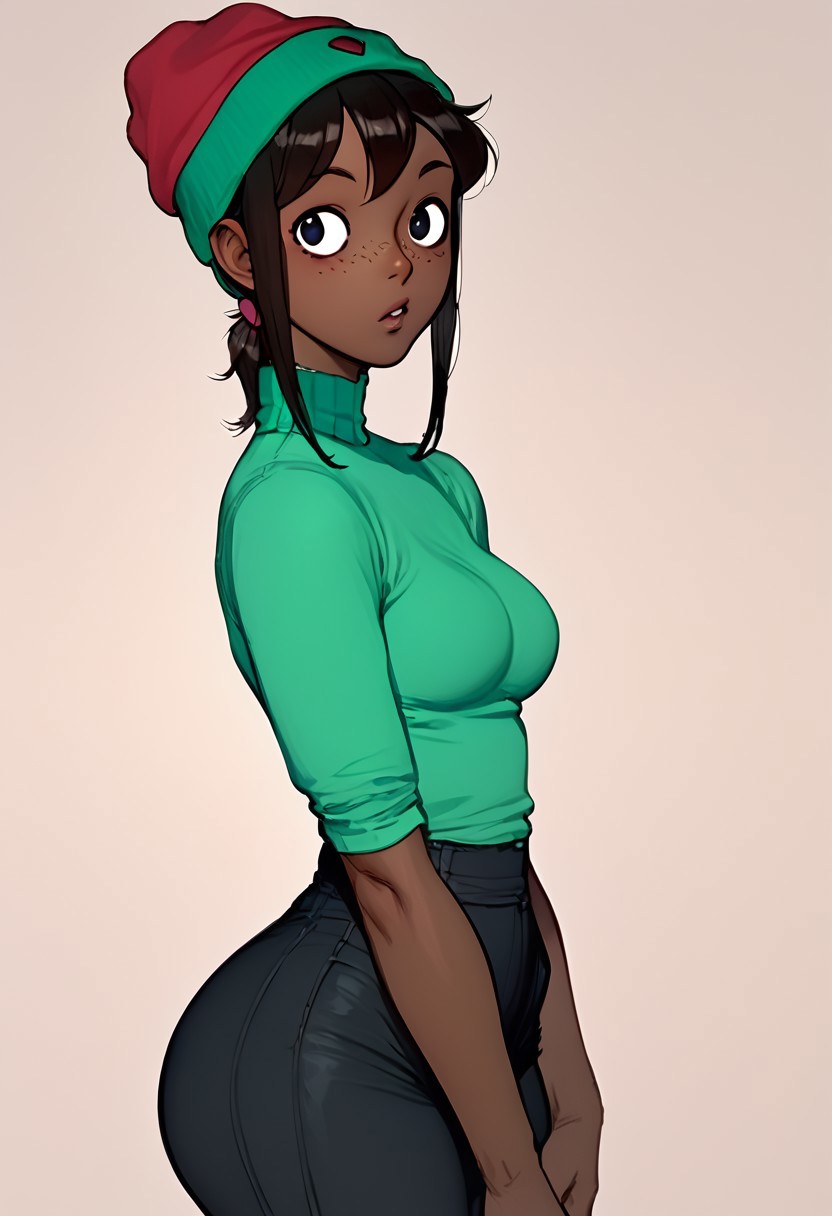 1 girl , kawaii girl , SkylaCruzPXL,
Skyla,freckles, dark skin, dark-skinned female,black hair,black eyes, short ponytail,short hair, ponytail,beanie, multicolored beanie, slim
  pants, green shirt
,(large hips , big butt , wide hip , narrow waist , medium breasts) ,
 ,
zPDXL3 , score_9 , score_8 , score_7 , score_6_up , detailed face , detailed eye , perfect face , attractive ,
