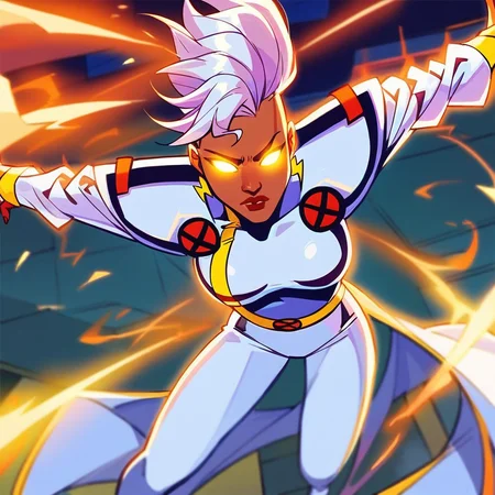 score_9, score_8_up, score_7_up, <lora:st0rm1:1> st0rm1, 1girl, jewelry, earrings, superhero costume,glowing eyes,no pupils,dynamic angle, dynamic pose