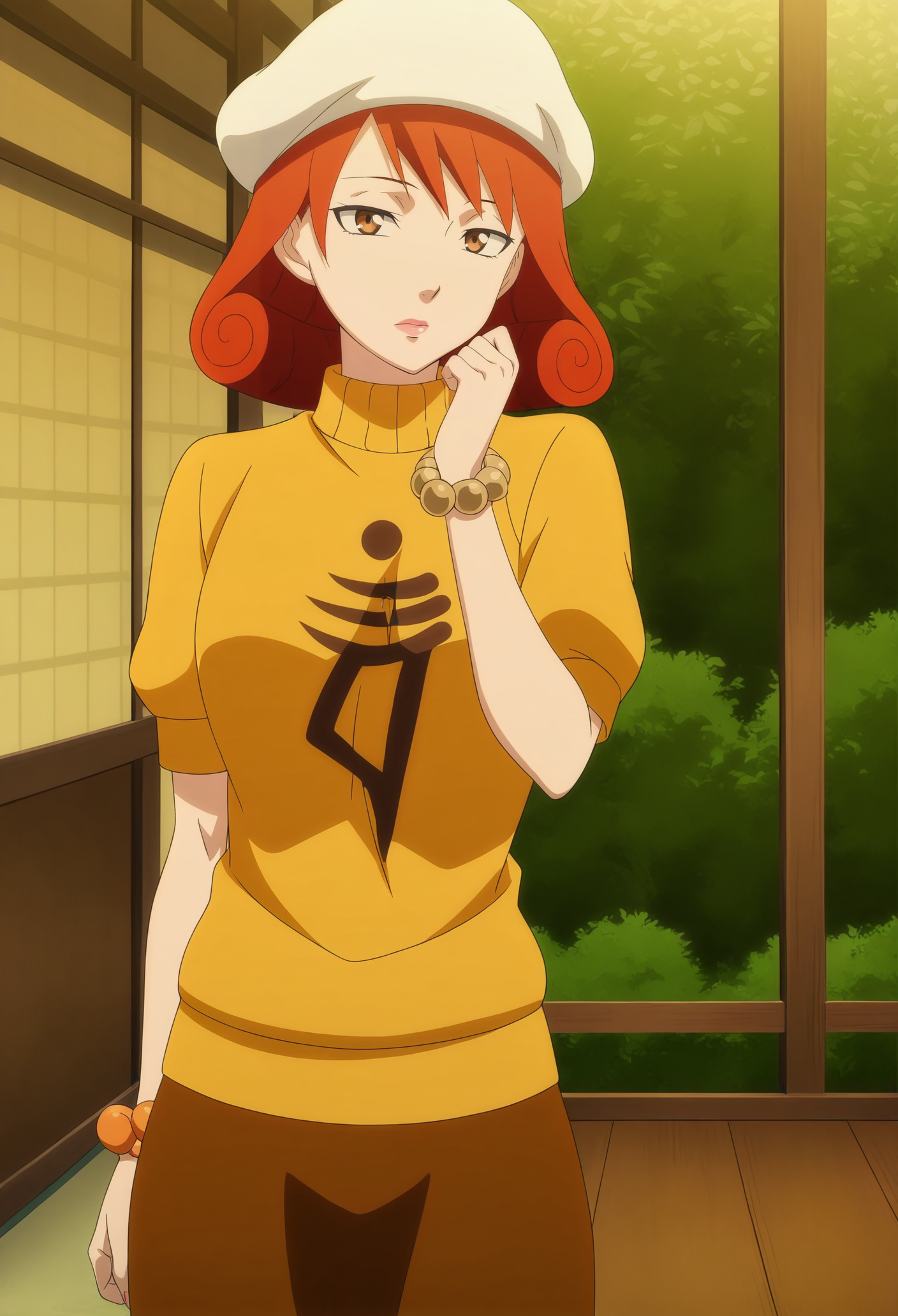 anime screencap,anime coloring,detailed face,masterpiece,best quality,very aesthetic,absurdres,volumetric lighting,official style,amazing quality,ultra detailed,highres,amazing quality,scenery,beautiful detailed hair,beautiful detailed eyes,<lora:Hanaka Mimi-IL V1:1>,Hanaka Mimi,1girl,hat,solo,bracelet,jewelry,red hair,skirt,white headwear,shirt,