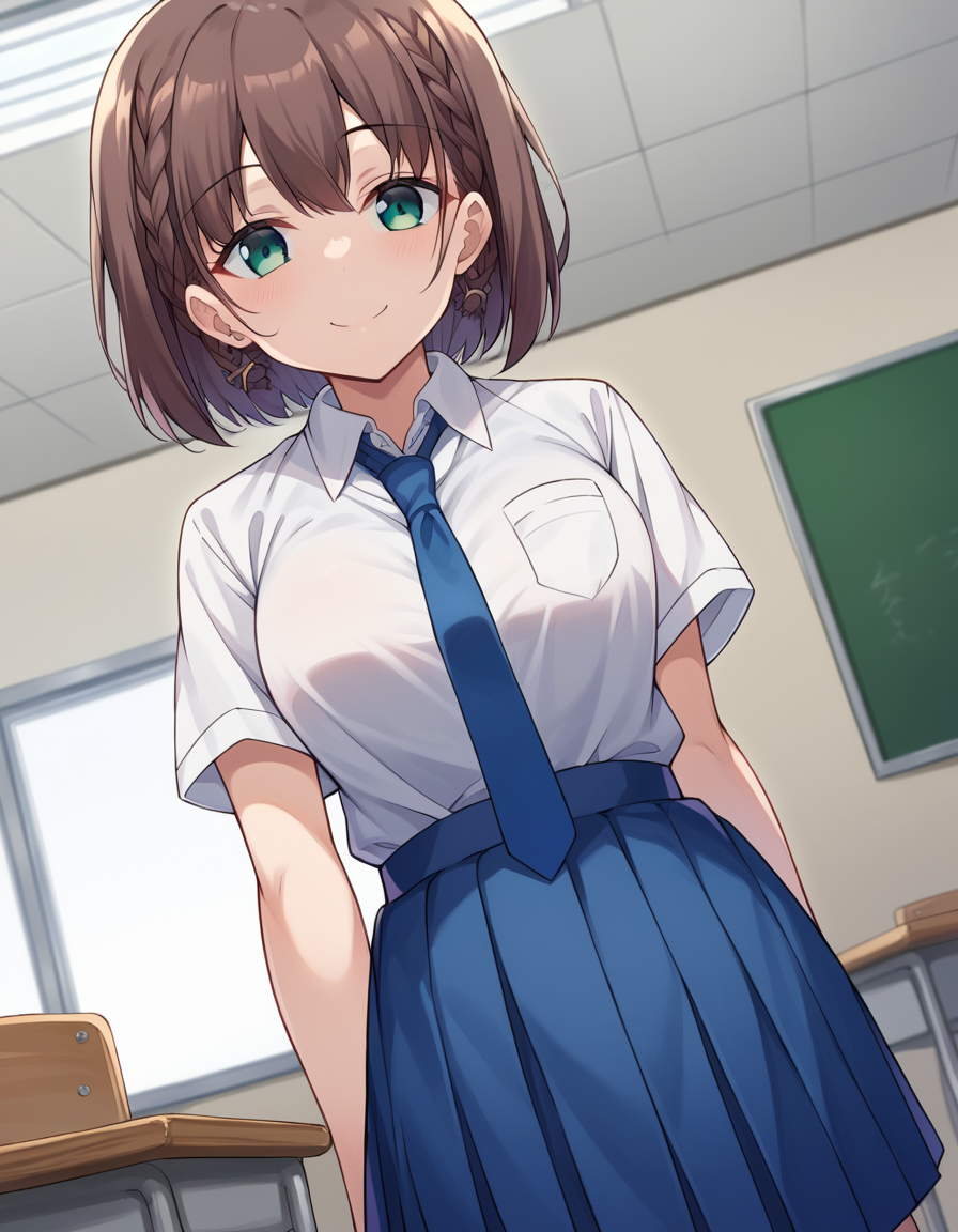 score_9, score_8_up, score_7_up, source_anime,
tawawaai, <lora:tawawa-ai-chan-ponyxl-lora-nochekaiser:1>,
ai, short hair, brown hair, green eyes, braid, side braid, smile,
skirt, shirt, jewelry, school uniform, white shirt, short sleeves, pleated skirt, earrings, necktie, collared shirt, blue skirt, blue necktie,
indoors, classroom,
looking at viewer, dutch angle, cowboy shot,