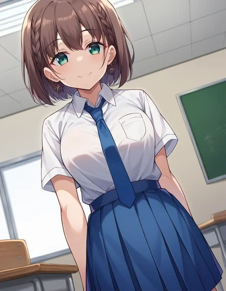 score_9, score_8_up, score_7_up, source_anime,
tawawaai, <lora:tawawa-ai-chan-ponyxl-lora-nochekaiser:1>,
ai, short hair, brown hair, green eyes, braid, side braid, smile,
skirt, shirt, jewelry, school uniform, white shirt, short sleeves, pleated skirt, earrings, necktie, collared shirt, blue skirt, blue necktie,
indoors, classroom,
looking at viewer, dutch angle, cowboy shot,