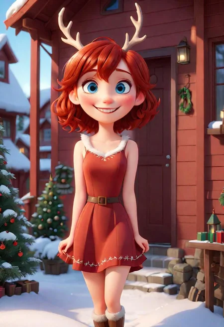 (disney pixar style:1.2) (cute adorable girl:1.15) (adult age 19:1.2) short cherry darkred hair, smiling, thin and fit, wearing a red dress, large breasts, big blue eyes, anthro reindeer, big reindeer horns, standing outside her house in winter, the house is decorated for christmas