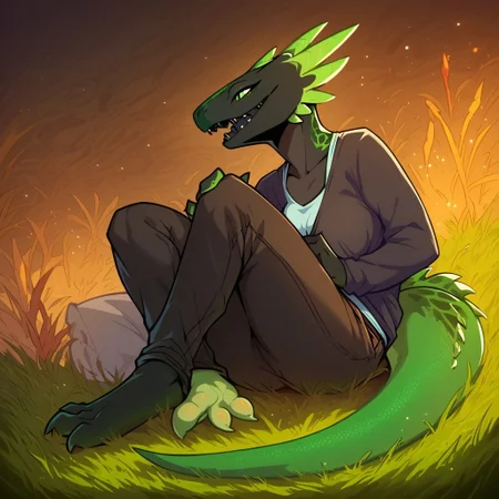 score_9, score_8_up, score_7_up, score_6_up, semi-realistic artwork, high quality, vibrant colors, best quality rendering, intricate details, high resolution, sharp focus, best render quality,[e621] Scappo Style,Expressiveh
1girlRW_Lizards,lizard,scalie, 3 fingers, 3 toes, black body, black skin, black teeth, dipstick tail, feet, fingers,green feet, green head, green tail tip,casual clothing,pants,medium breast