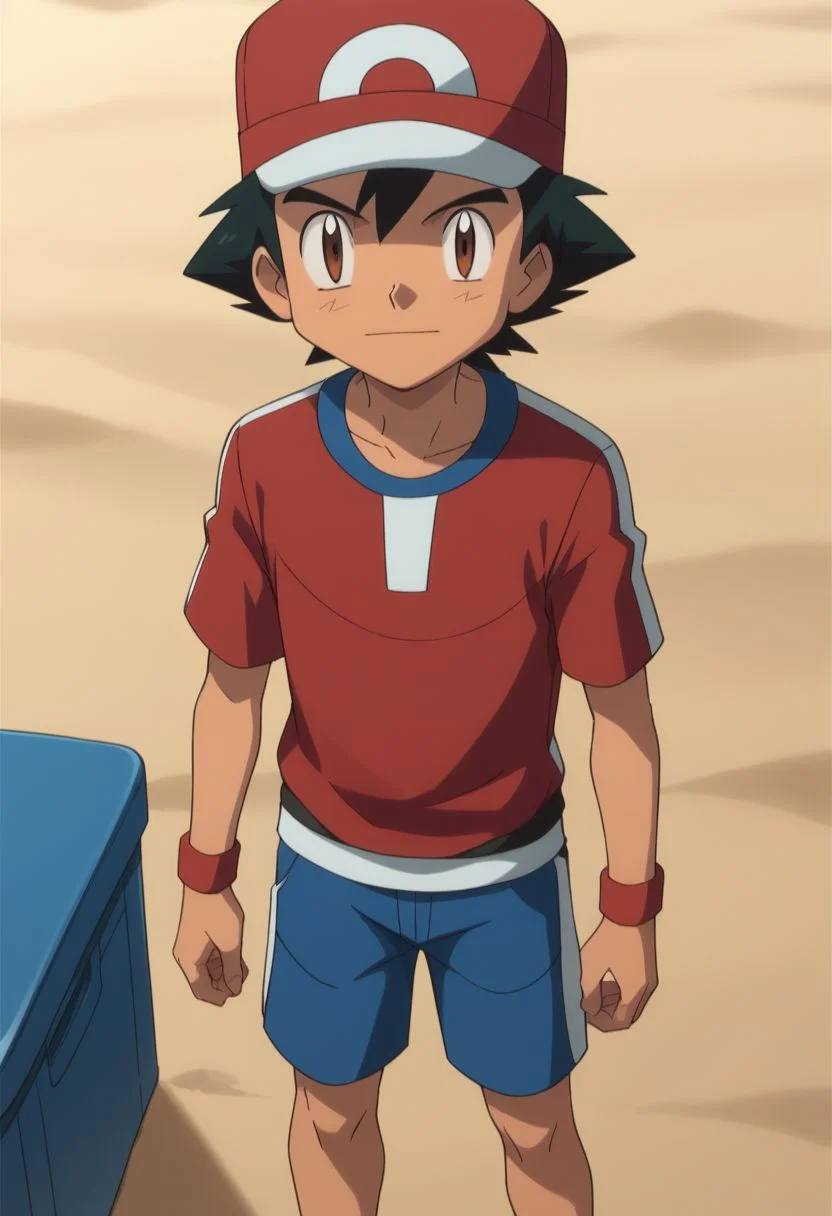 score_9, score_8_up, score_7_up, source_anime, highly detailed, 1boy, solo, male_focused
ash_ketchum, hat, brown eyes, black hair, baseball cap, beach, closed mouth, shirt,
standing, skinny, slender, cute, hands behind, shorts, leg pov, across view, zoom out,