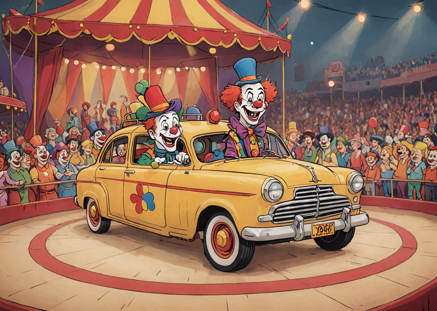 cartoon illustration of clown car  in  circus ring, clowns,  indistinct audience in background , short depth of field,  vivid colors, flat colors    <lora:extremely_detailed:-1> <lora:Cartoon_SDXL_V2-fixed:0.8>cartoon