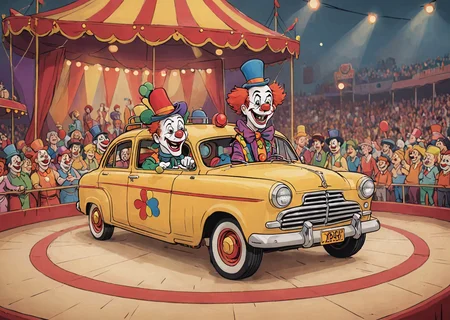 cartoon illustration of clown car in circus ring, clowns, indistinct audience in background , short depth of field, vivid colors, flat colors <lora:extremely_detailed:-1> <lora:Cartoon_SDXL_V2-fixed:0.8>cartoon