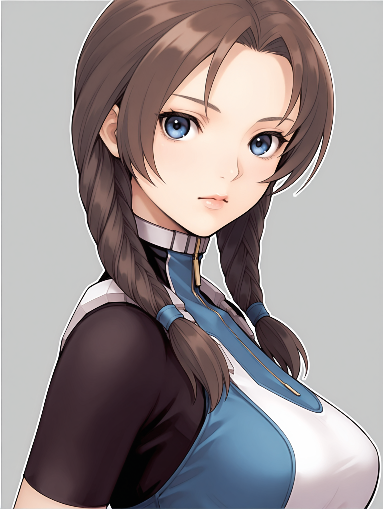 masterpiece,best quality,newest,
1girl,solo,
<lora:Mary_Appleton_ilxl_v1.0:1>,mary_a,twin braids,brown hair,blue eyes,lips,
m_suit,turtleneck,skin tight,bodysuit,crop top,short sleeves,fingerless gloves,leotard,<lora:Fixhands_anime_bdsqlsz_V1:1>,looking_at_viewer,cinematic_angle,looking_at_viewer,white_background,simple_background,upper_body,face_focus,portrait,from_back,looking_back,expressionless,