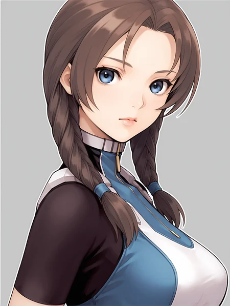 masterpiece,best quality,newest,
1girl,solo,
<lora:Mary_Appleton_ilxl_v1.0:1>,mary_a,twin braids,brown hair,blue eyes,lips,
m_suit,turtleneck,skin tight,bodysuit,crop top,short sleeves,fingerless gloves,leotard,<lora:Fixhands_anime_bdsqlsz_V1:1>,looking_at_viewer,cinematic_angle,looking_at_viewer,white_background,simple_background,upper_body,face_focus,portrait,from_back,looking_back,expressionless,