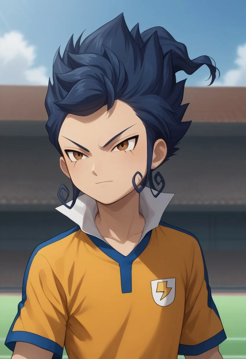 score_9, score_8_up, score_7_up, source_anime, highly detailed,
tsurugi, 1boy, male focus, solo, blue hair, brown eyes, sportwear, raimon, raimon soccer uniform, shirt, yellow shirt, short sleeves, shorts, blue shorts, upper body,
outdoor,