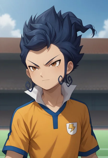 score_9, score_8_up, score_7_up, source_anime, highly detailed,
tsurugi, 1boy, male focus, solo, blue hair, brown eyes, sportwear, raimon, raimon soccer uniform, shirt, yellow shirt, short sleeves, shorts, blue shorts, upper body,
outdoor,
