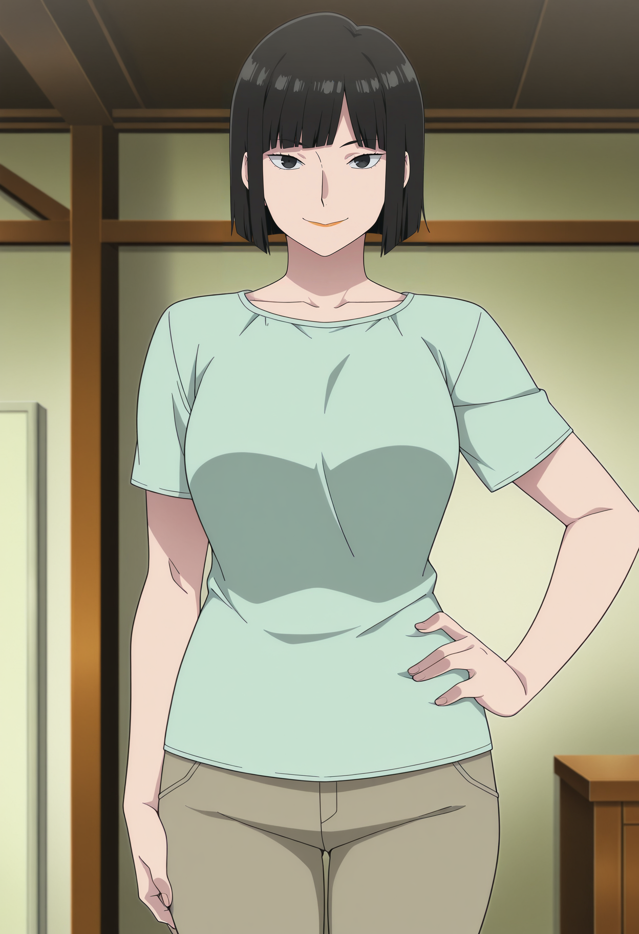1girl,solo,mm,mature female,black hair,short hair,bangs,bob cut,black eyes,anime coloring,
shirt,pants,cowboy shot, hand on own hip, looking at viewer, smile, indoors, 
,masterpiece,best quality,amazing quality,<lora:Mayu_Ooba-Blue_Period:0.8>
