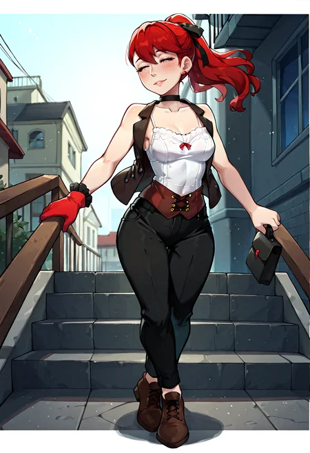 IllustriousQual, <lora:StS-Illustrious-Detail-Slider-v1.0:2> <lora:cfg_scale_boost:0.3> <lora:StS_Age_Slider_Illustrious_v1:3>,detailed_background,outdoors,shoes,kagamine len,white camisole,leotard,yun \(dl2n5c7kbh8ihcx\),breasts,window,hair between eyes,smile,ponytail,blue eyes,open clothes,tiptoes,1boy,frilled sleeves,red hair,vest,bare shoulders,light blush,indoors,ribbon,collarbone,black choker,lace-trimmed camisole,closed eyes,yoshizawa kasumi,twins,persona 5,highres,black leotard,floating hair,moccasins,holding hands,absurdres,solo,bare arms,swept bangs,black pants,frilled camisole,camisole,holding,white shirt,jacket,spaghetti strap,border,short hair,brown vest,hair ribbon,stairs,red gloves,choker,persona 5 the royal,looking at viewer,brown footwear,light particles