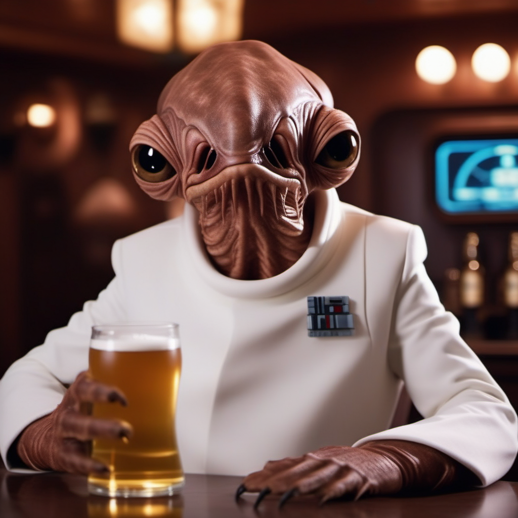 cinematic photo an alien with a strange looking face, star wars, white suit, having a beer in a pub, +++(((text ''it's a tap'')))  <lora:AmiralAckbar1024:0.8> . 35mm photograph, film, bokeh, professional, 4k, highly detailed