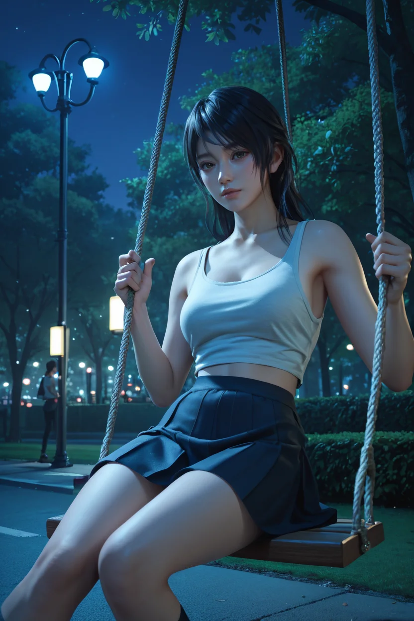 <lora:doa_shandy:0.9> shandy, casual, park, swing, skirt, tank top, night, street lights, moody, score_9, score_8_up, score_7_up, zPDXL3