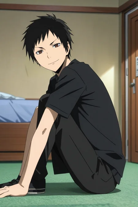 score_9, score_8_up, score_7_up, source_anime, rating_safe, , anime screencap, anime coloring, , , depth of field, 1boy, solo, male focus, <lora:izaya_orihara_pony:1>, izaya_orihara, black hair, brown eyes, focused, apartment, indoors, light, knees up, smile, , <lora:sdxl_lightning_8step_lora:1>