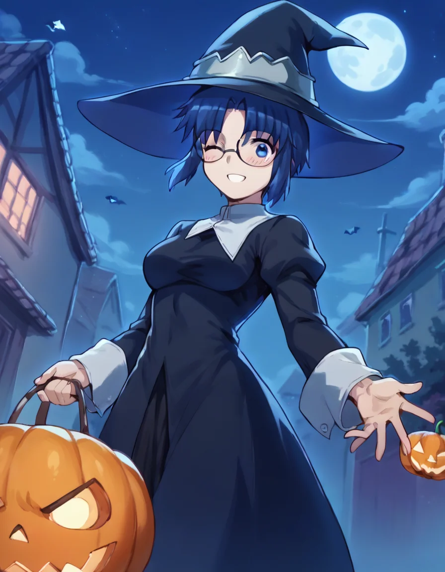 score_9, score_8_up, score_7_up, source_anime, <lora:carnivalphantasm-ciel-ova-ponyxl-lora-nochekaiser:1>, ciel, short hair, blue hair, blue eyes, glasses, ciel (tsukihime), large breasts,, <lora:witch-ponyxl-lora-nochekaiser:1>, witch, hat, witch hat, dress, halloween, halloween costume, jewelry,, night, moon, blush, smile, one eye closed,, , dutch angle, cowboy shot