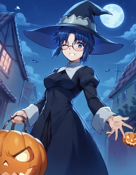 score_9, score_8_up, score_7_up, source_anime, <lora:carnivalphantasm-ciel-ova-ponyxl-lora-nochekaiser:1>, ciel, short hair, blue hair, blue eyes, glasses, ciel (tsukihime), large breasts,, <lora:witch-ponyxl-lora-nochekaiser:1>, witch, hat, witch hat, dress, halloween, halloween costume, jewelry,, night, moon, blush, smile, one eye closed,, , dutch angle, cowboy shot
