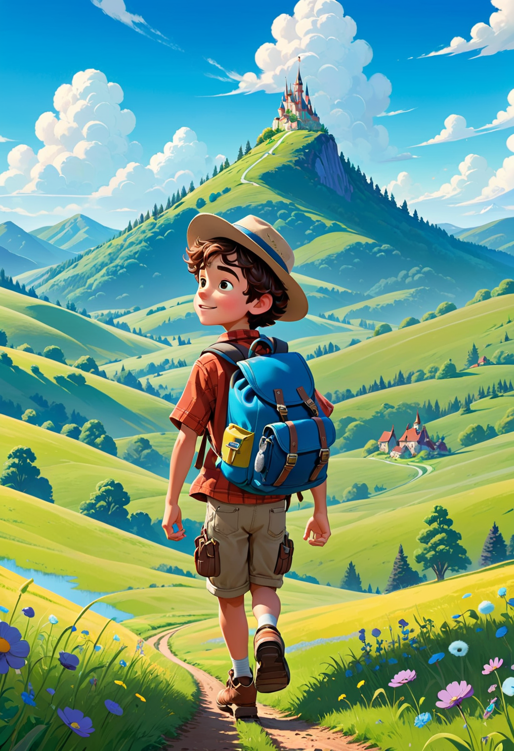 disney pixar style art, a young boy with wearing a hat and a backpack riding down a meadow with hills in the background, sunny day, fluffy clouds, bright and vibrant