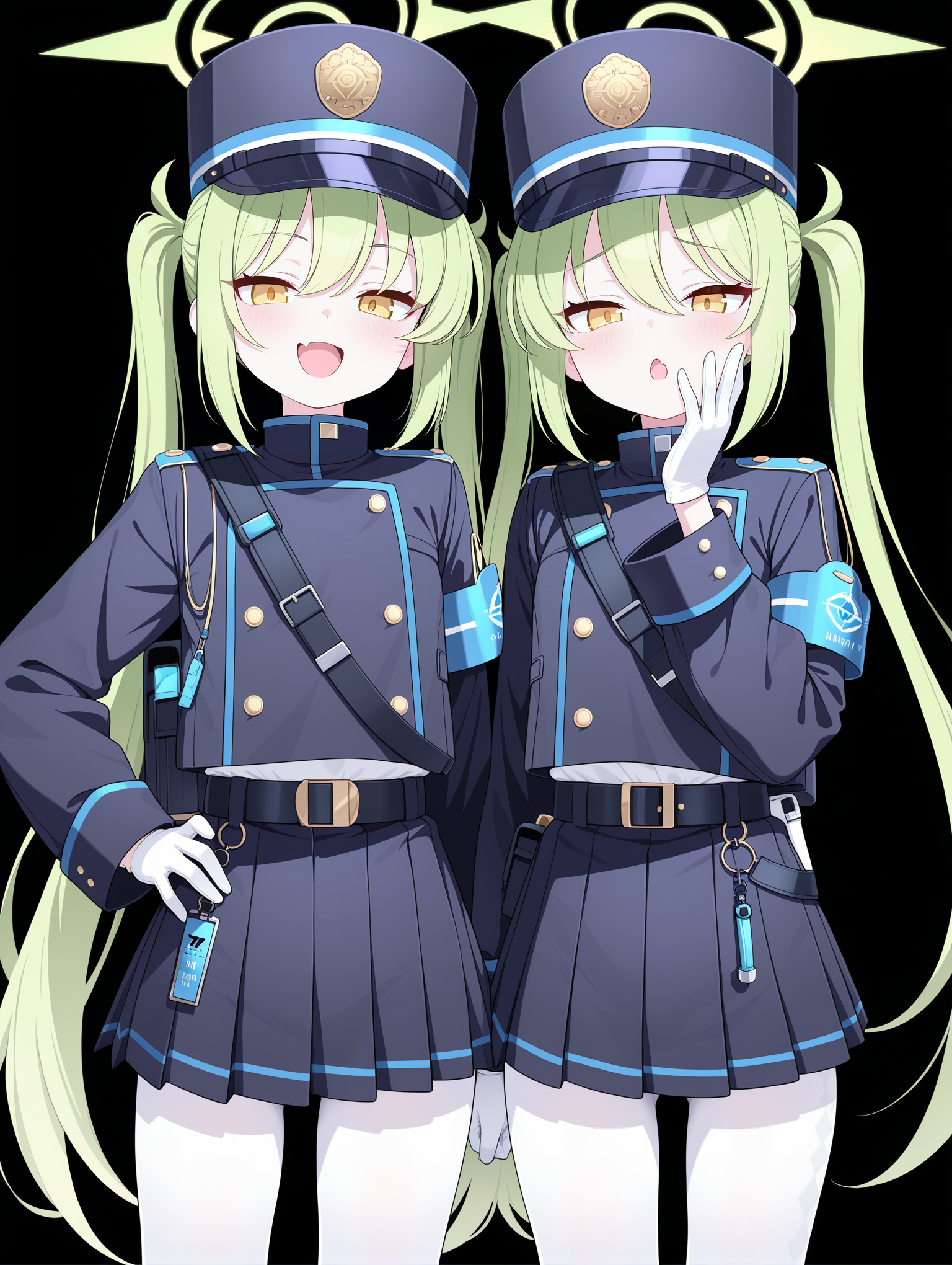 2girls, peaked cap, uniform, standing, side-by-side, twins clothed, ; side-by-side,2girls, (nozomi \(blue archive\):1.2), young, petite, green hair, (yellow eyes:1.2), twintails, smug, skin fang, hand on own face, , gloves, white tights, leggings, peaked cap, uniform, double-breasted, shorts, halo, undershirt, belt; side-by-side,2girls,( hikari \(blue archive\):1.2), young, petite, green hair(, yellow eyes:1.2), long hair :o, , gloves, white tights, leggings, peaked cap, uniform, double-breasted, pleated skirt, halo, undershirt, belt; 
,masterpiece,best quality,amazing quality,