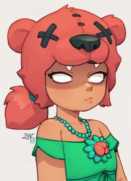 score_9, score_8_up, score_7_up, <lora:bsnita-000006:0.9>bsnita , 1 girl , solo , red hair ,necklace ,green dress ,ponytail, ,bear ears ,,simple background, white pupils, <lora:PossumMachine:1>posmach ,bear girl,