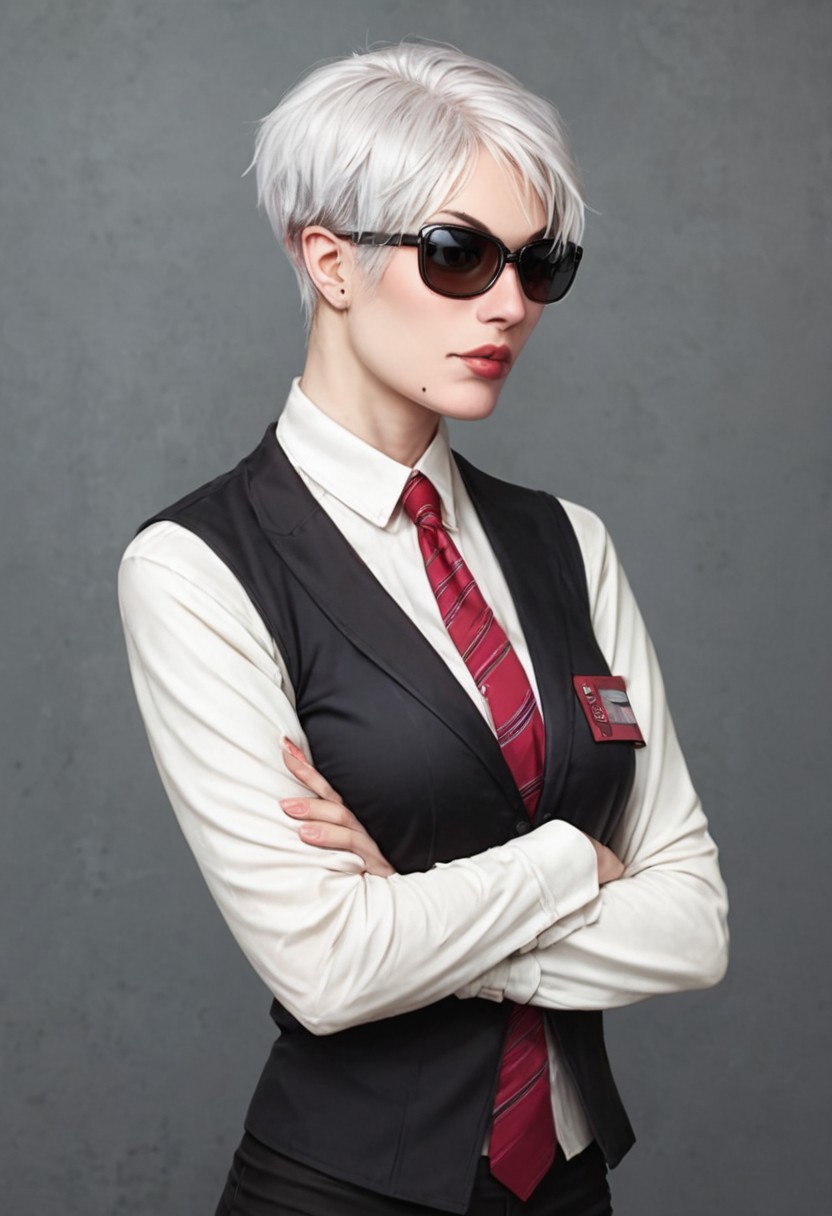 score_9, score_8_up, score_7_up, source_realistic, BREAK 1girl, solo, Strangelove, short hair, white hair, Sunglasses, mole under lips, white shirt, long sleeves, black waistcoat, red tie, black pants, crossed arms,
