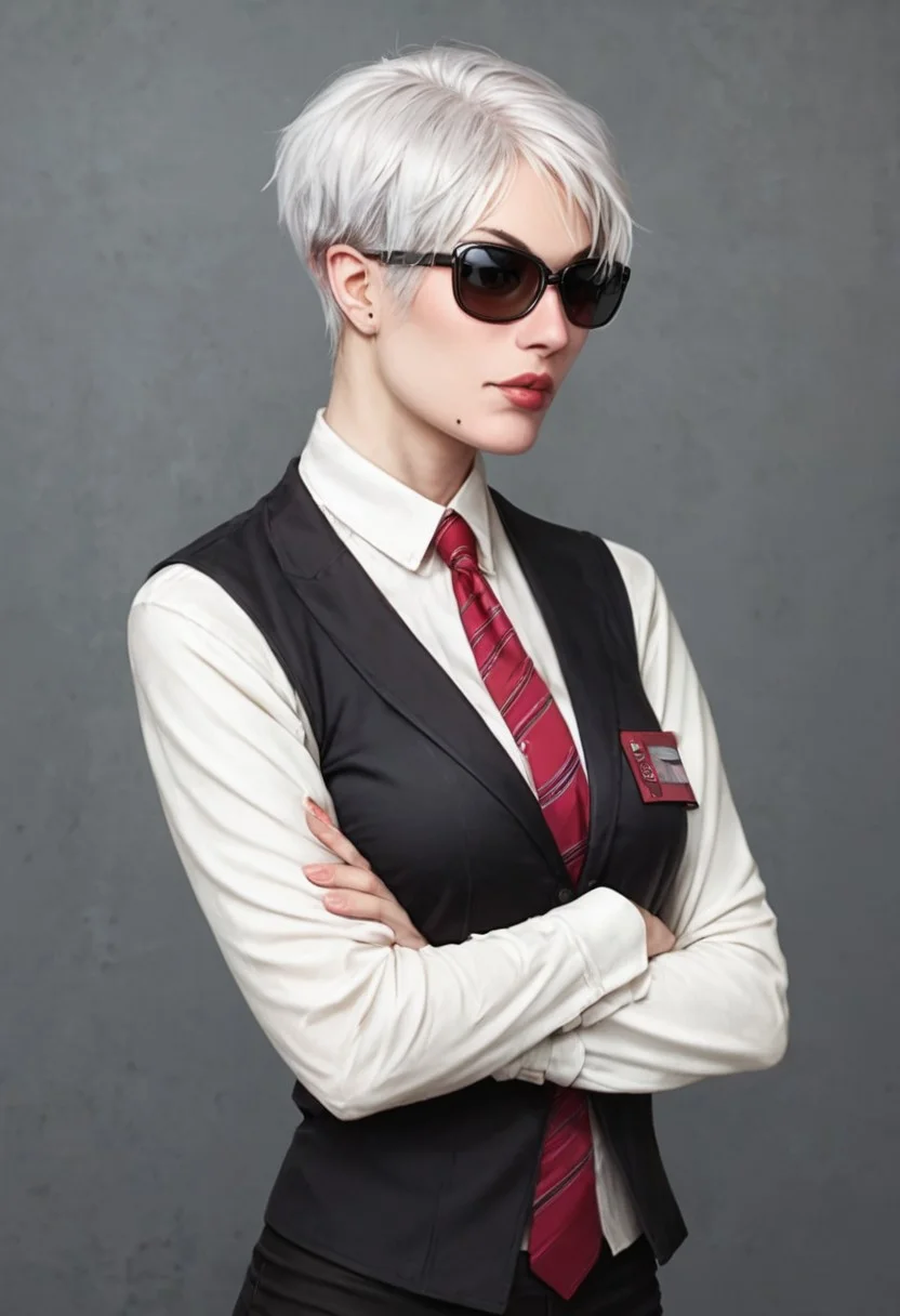 score_9, score_8_up, score_7_up, source_realistic, BREAK 1girl, solo, Strangelove, short hair, white hair, Sunglasses, mole under lips, white shirt, long sleeves, black waistcoat, red tie, black pants, crossed arms,