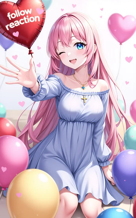 A pink long-haired girl wearing a spring-style long-sleeved blue dress,surrounded by colorful balloons in various shapes and hues,sitting casually,cheerfully extending one hand toward the camera holding a heart-shaped balloon,the balloon has glowing letters âfollow reactionâ written on it,one eye closed in a playful wink,joyful expression,heart-shaped sparkle overlay,dreamy saturated lighting from below,stylized shading,fantasy-inspired color tones.,<lora:hakaseayaka-base-02-flux:0.7>,hakaseayaka,blue eyes,long pink hair,anime-style,