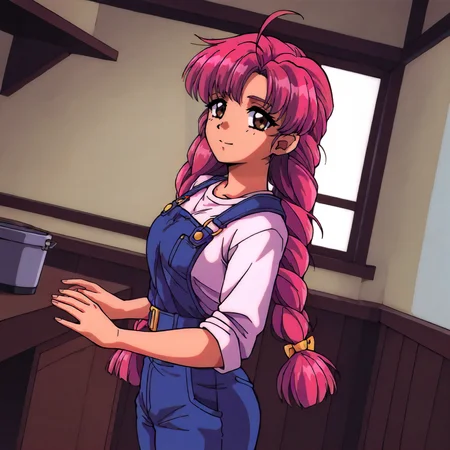<lora:NBnH_RieMakinoXLIllustrious003>,
masterpiece,best quality,good quality,newest,
detailed background,indoors,
smile,
looking at viewer,
solo,
RieMakino,1girl,pink hair,ahoge,twin braids,long hair,brown eyes,
standing,
overalls,
