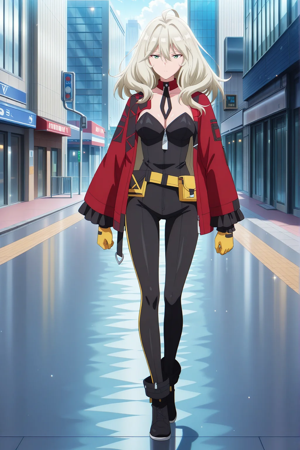 masterpiece, best quality, anime, 2d, 1girl, (anime screencap), (slender), (medium breasts), solo, <lora:VeraRustamova-ILXL-V1:1> v3r4rust,
BREAK (medium hair, platinum blonde hair), outdoors, day, city, science fiction,
BREAK (red jacket, open jacket, yellow gloves, black bodysuit, strapless, cleavage, yellow belt pouch, detached collar, black footwear, ankle boots),
BREAK (full body, walking, dynamic pose:1.4), (expressionless, green eyes)
BREAK <lora:RealisticAnimeIXL:0.5> , bokeh, luminescent background,